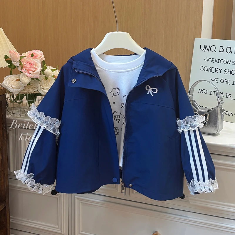 女童新款秋季藏蓝色蕾丝袖刺绣外套女宝宝韩版休闲时尚百搭洋气潮