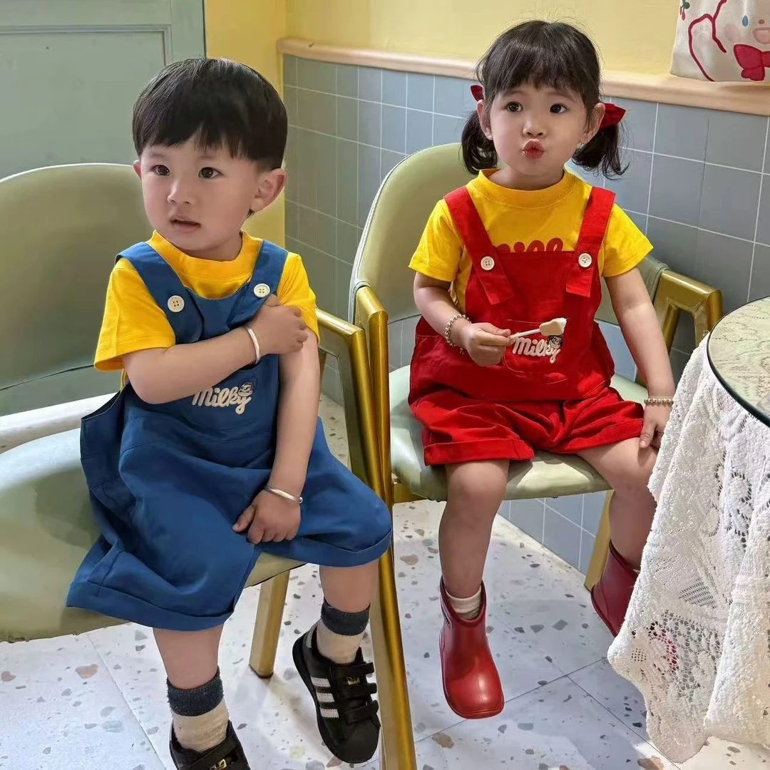 儿童新款夏季套装卡通可爱短袖洋气背带裤两件套男女童姐弟装时髦