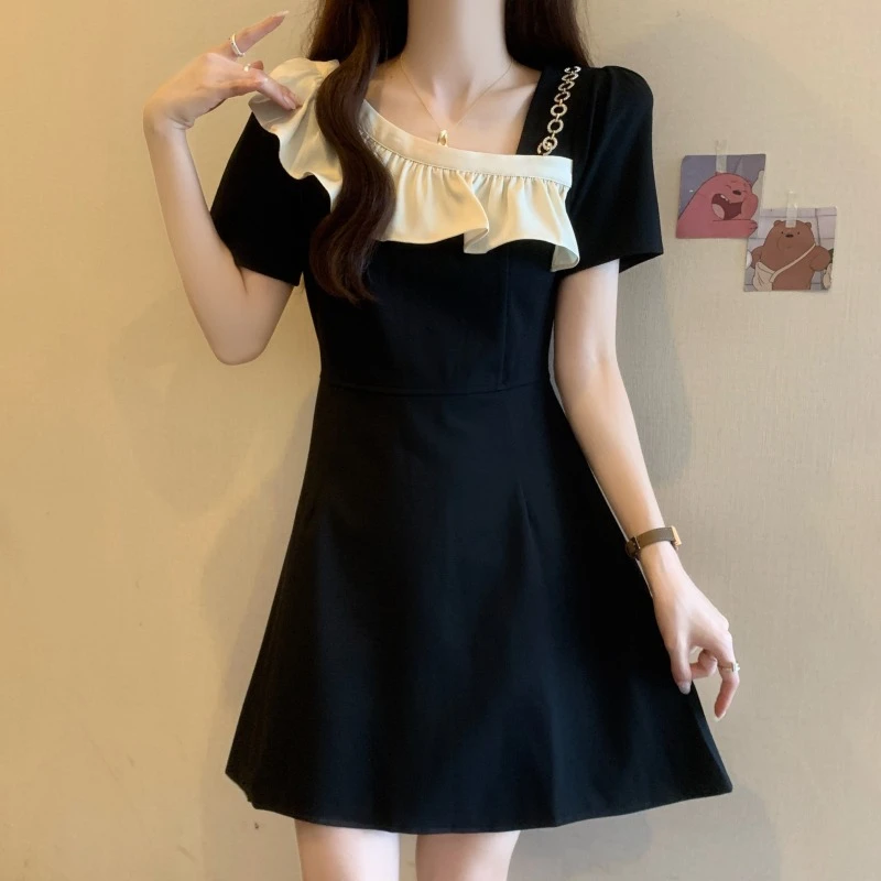 法式撞色荷叶边短袖小黑裙女夏季大码胖妹妹洋气高级感显瘦连衣裙