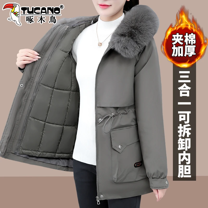 啄木鸟可拆卸派克服女冬季2025新款女士棉衣棉服加厚妈妈棉袄外套