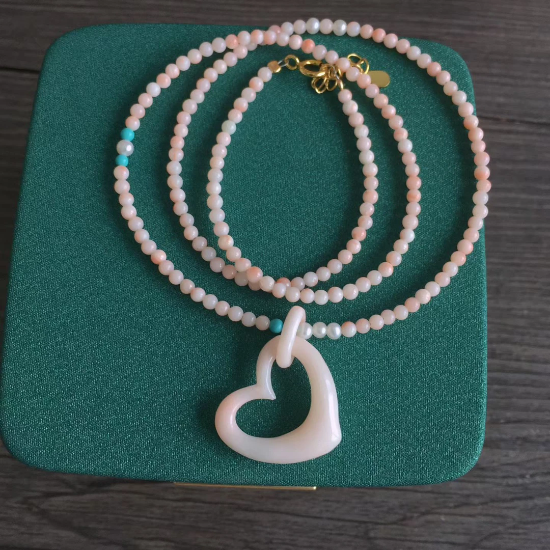 天然莫莫珊瑚柴田晚仙大师雕刻爱心项链