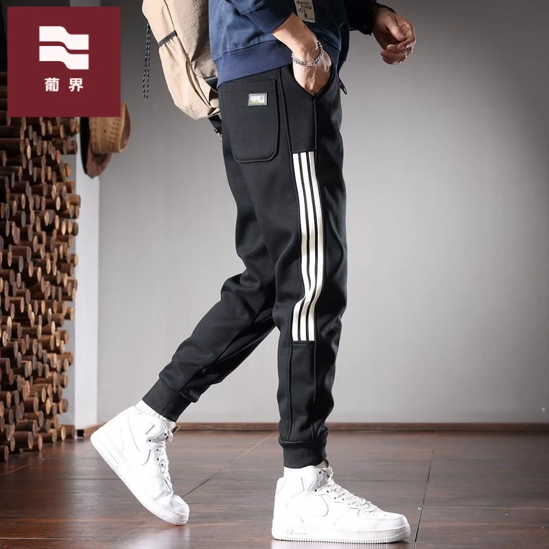 秋冬季潮牌黑色休闲裤男松紧腰运动束脚条纹弹力卫裤修身显瘦裤子