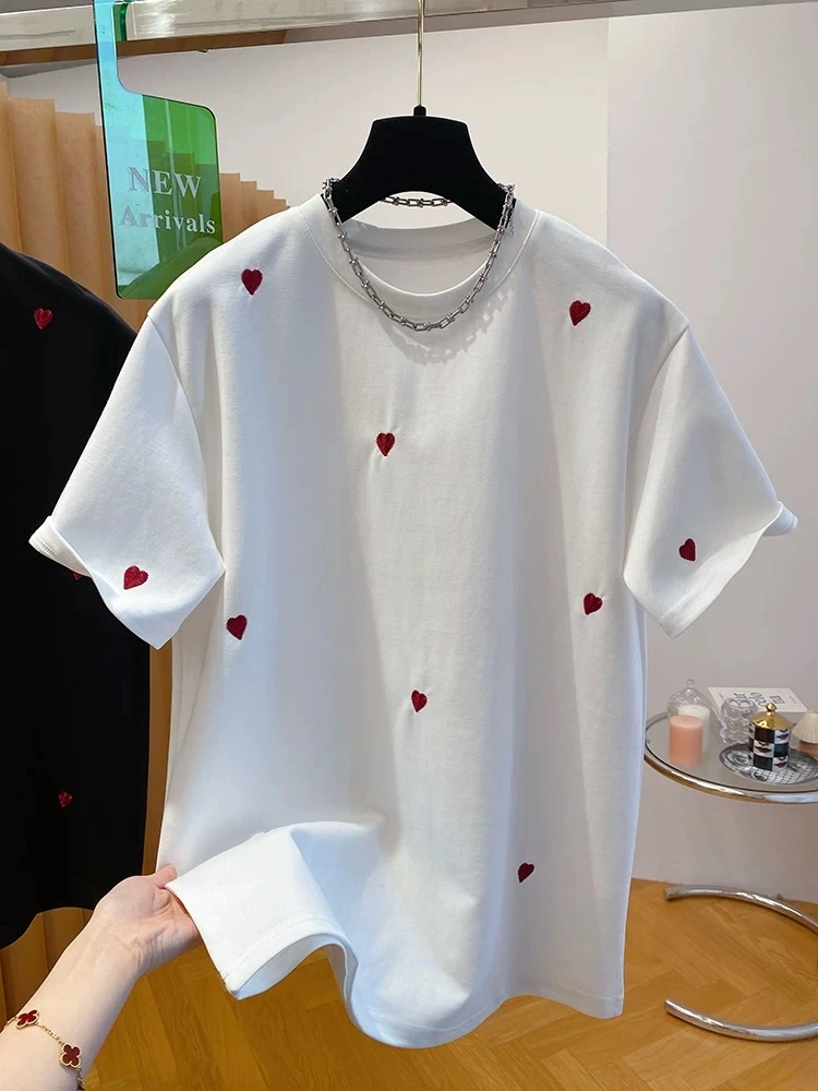 【爱心刺绣】夏季洋气潮流百搭时尚爱心刺绣T恤宽松舒适短袖Y9400