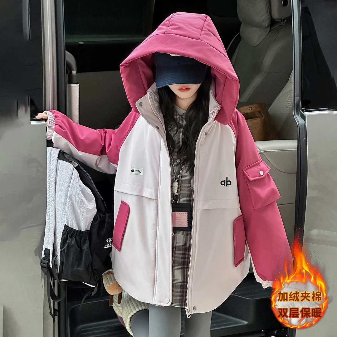 女童派克服冬季加绒加厚2025新款儿童冬装拼色夹棉女大童初冬外套