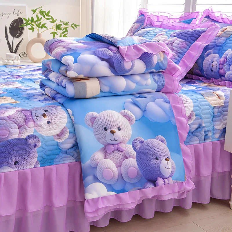 韩版5D印花蕾丝夏被四件套床盖公主风亲肤夏被网红空调被薄被子