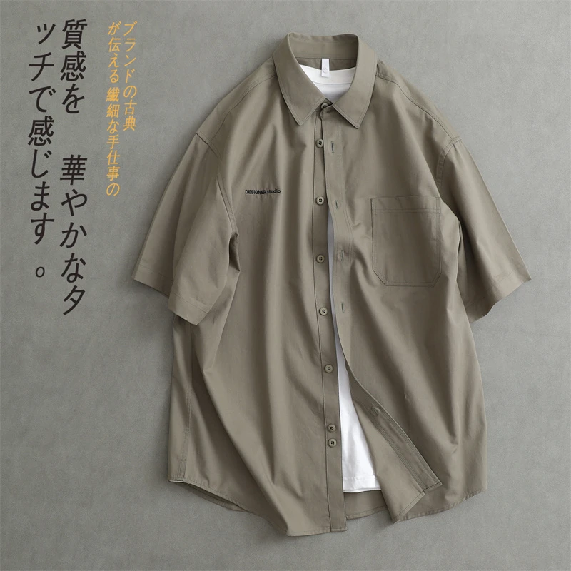 夏季新款日系男士衬衫宽松潮流日常休闲创意设计短袖衬衣薄款男士