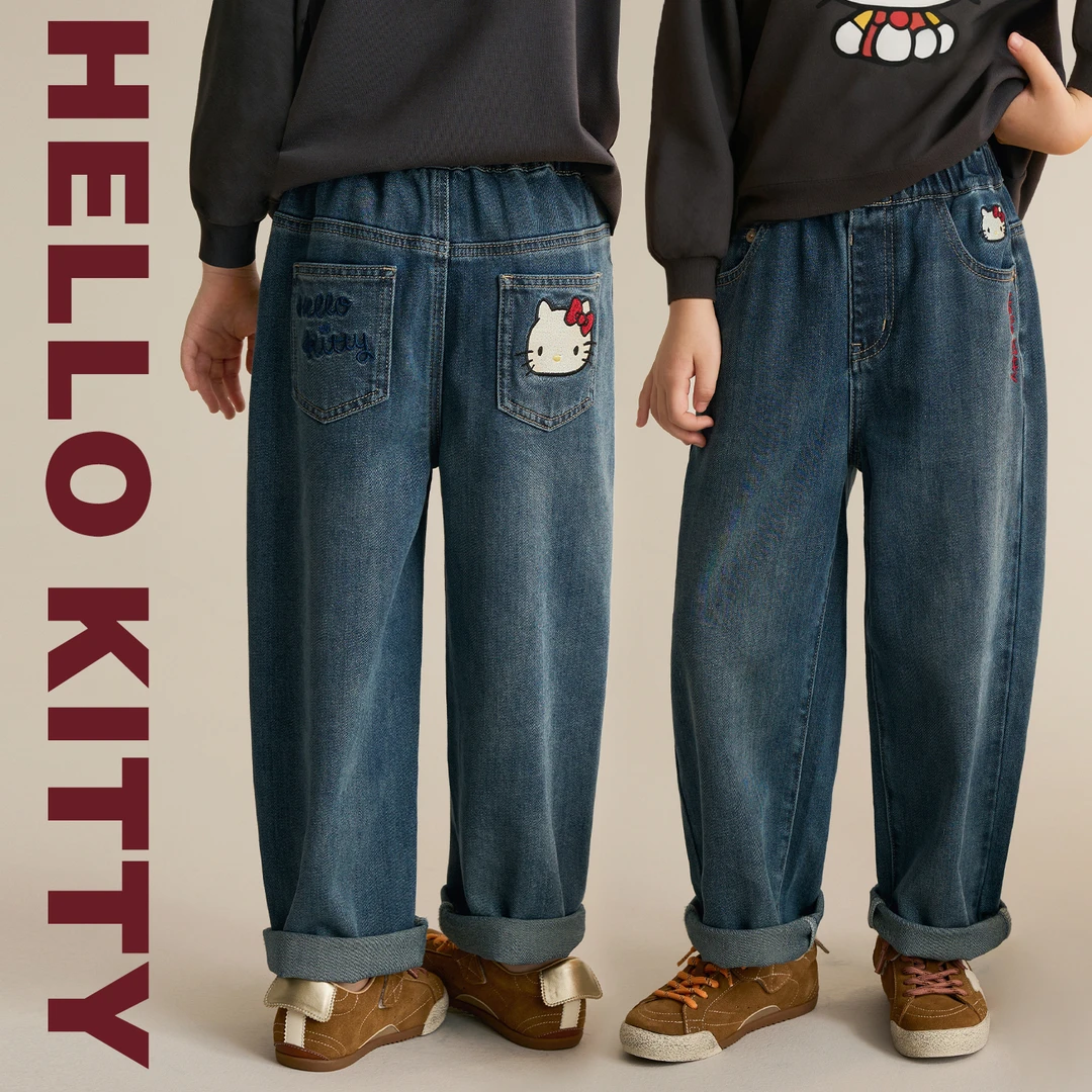 辰辰妈【躲猫猫】女童口袋刺绣kitty猫牛仔裤儿童秋季阔腿裤8765DH