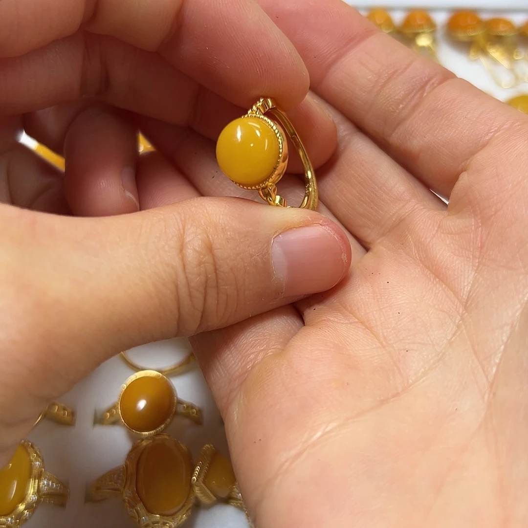 琥珀戒指银S925镶嵌鱼*鱼