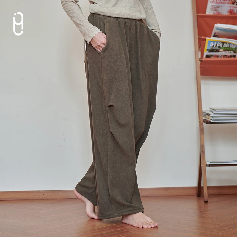 YLI摇粒绒运动长裤加厚保暖宽松束脚两穿高腰显瘦纯色简约休闲裤