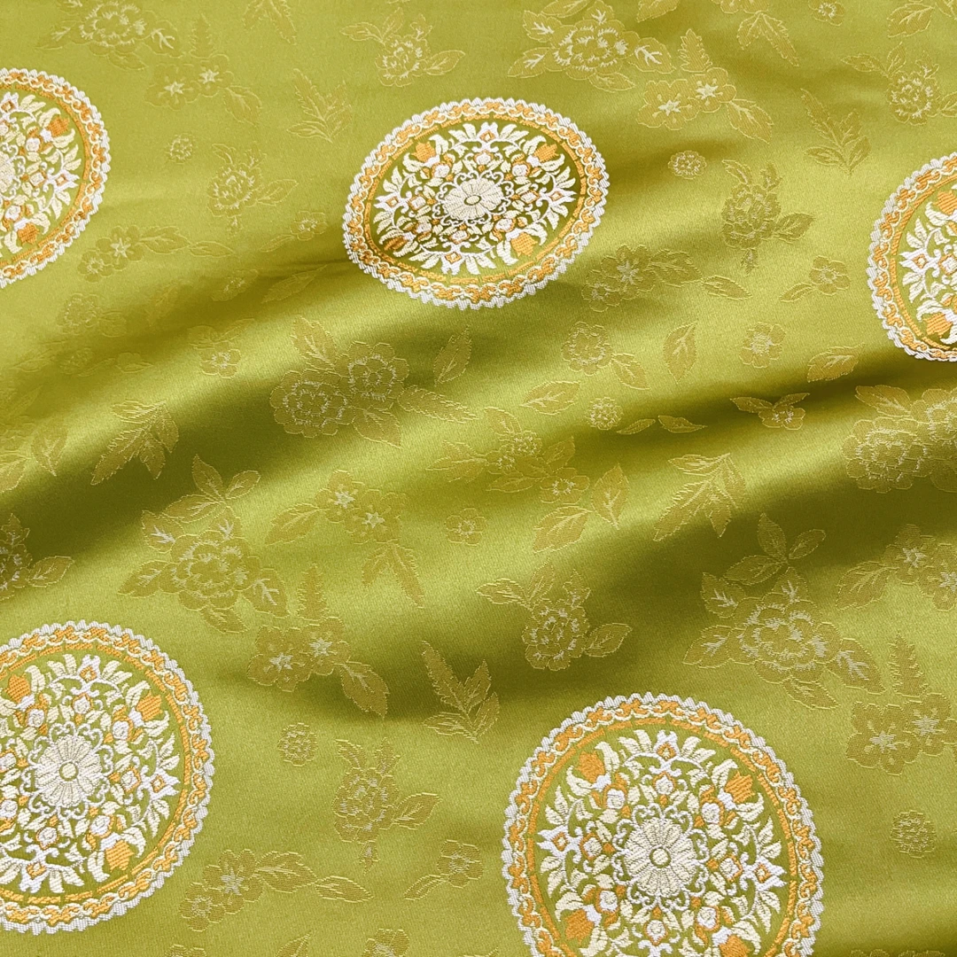 秋香绿富贵团花 幅宽75公分 织锦缎提花高密国风服装面料做手工