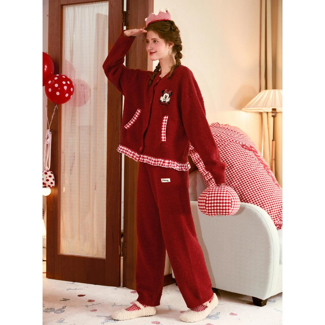 甜美中国红卡通米奇针织半边绒睡衣女秋冬新款加厚保暖家居服套装