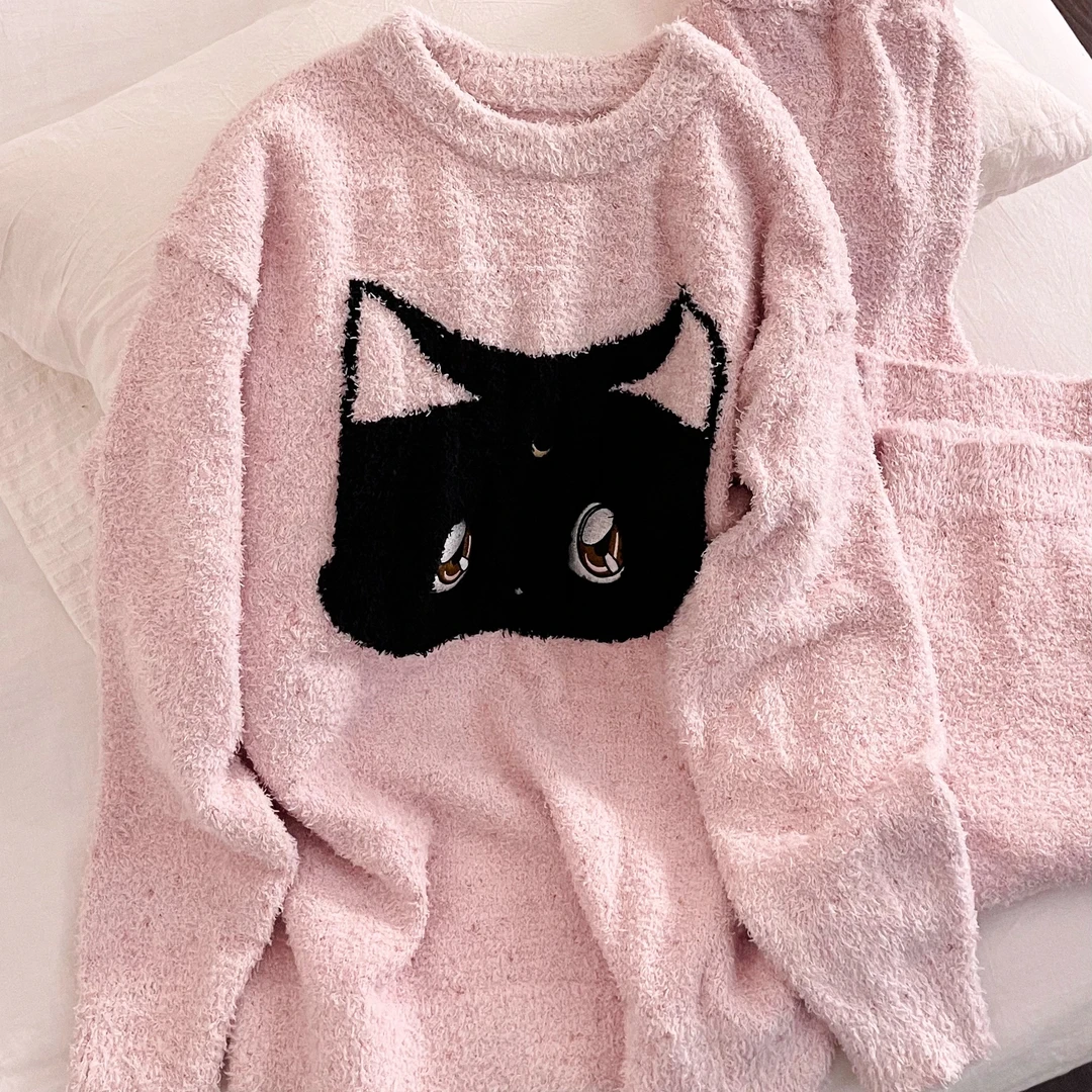 韩系可爱小猫针织半边绒加绒加厚保暖睡衣女秋冬季家居服套装