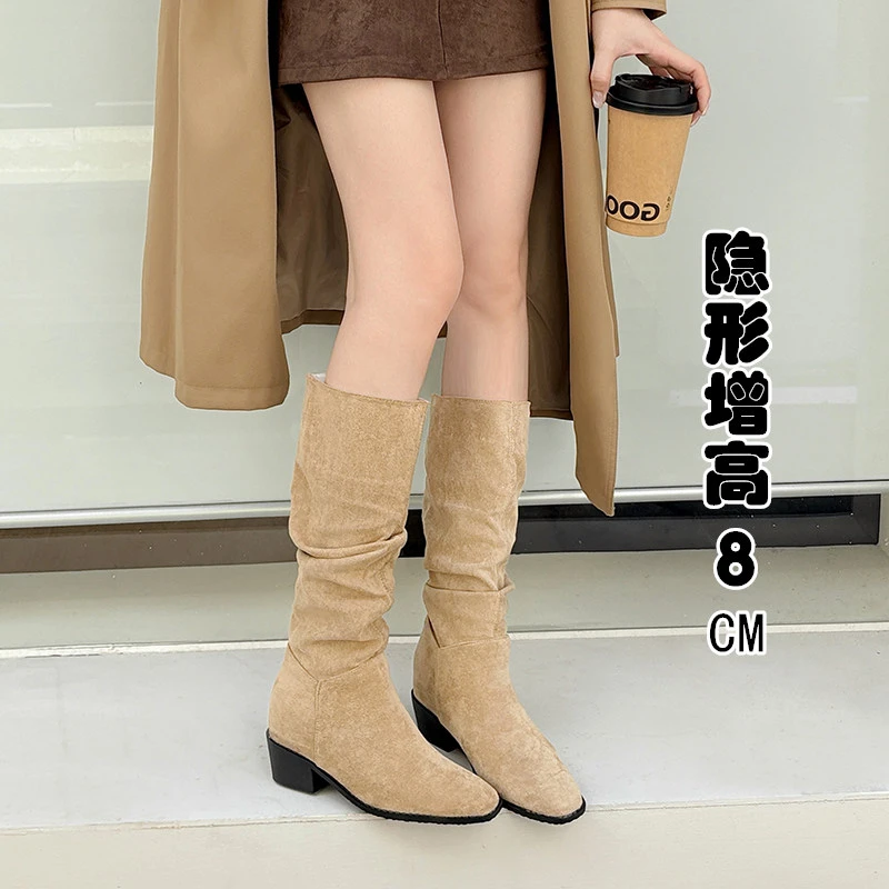 内增高堆堆不过膝长筒靴女2025新款冬季西部骑士靴子小个子粗跟靴