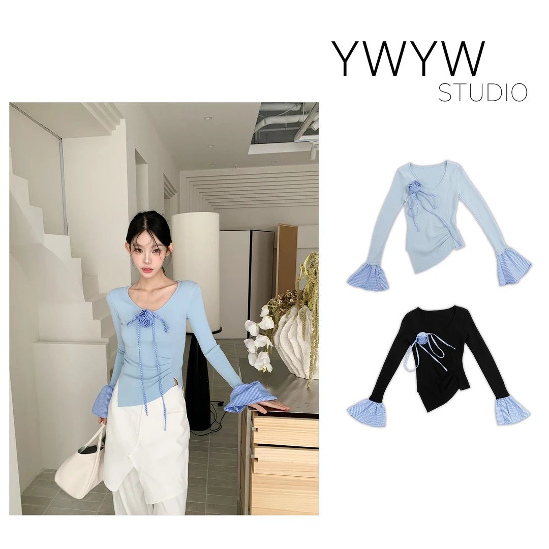 【福利款NO退换】修身单边收褶腰拼接荷叶袖v领针织打底体恤3759