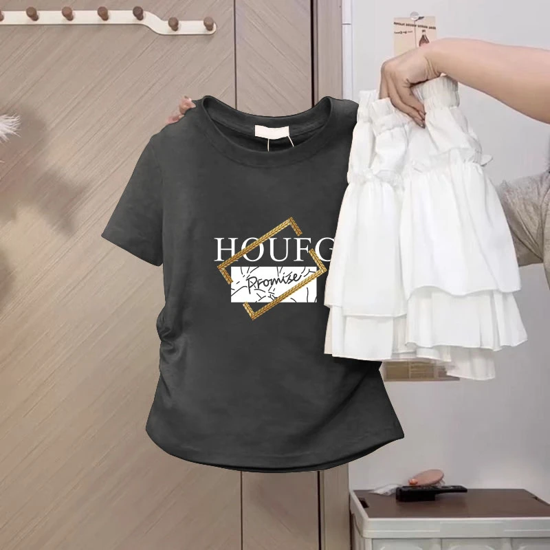 设计感小众褶皱正肩圆领短袖t恤女潮时尚洋气侧边收腰炭灰色上衣