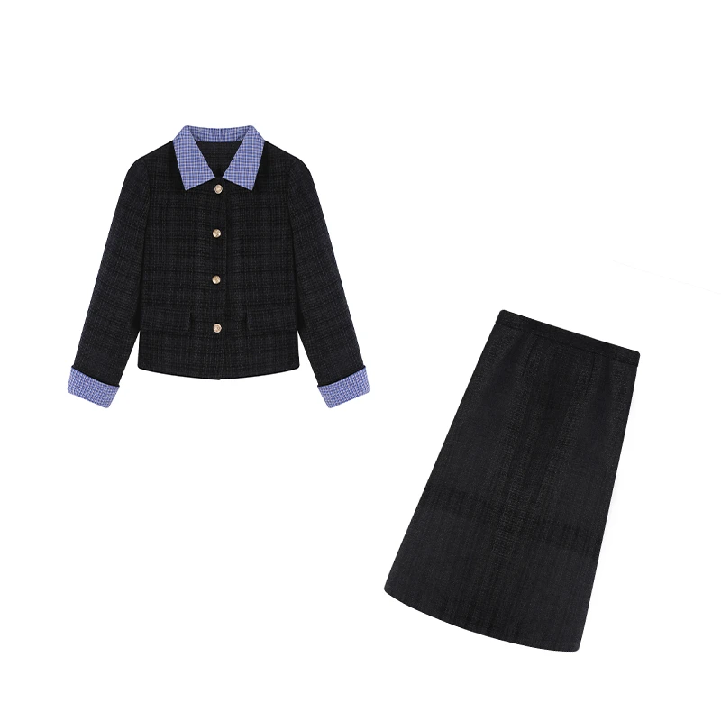 周周-秋冬新款小香风气质假两件上衣显瘦半身裙两件套ZL100418