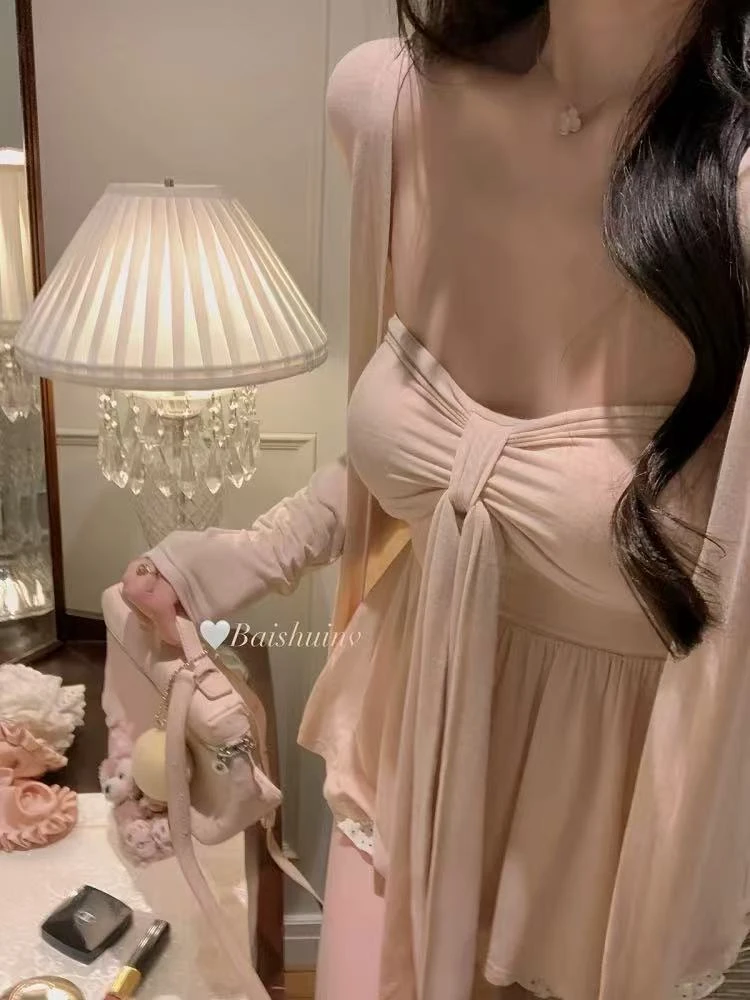 慵懒姐姐 莫代尔粉色开衫女夏抹胸韩系千金感温柔纯欲套装