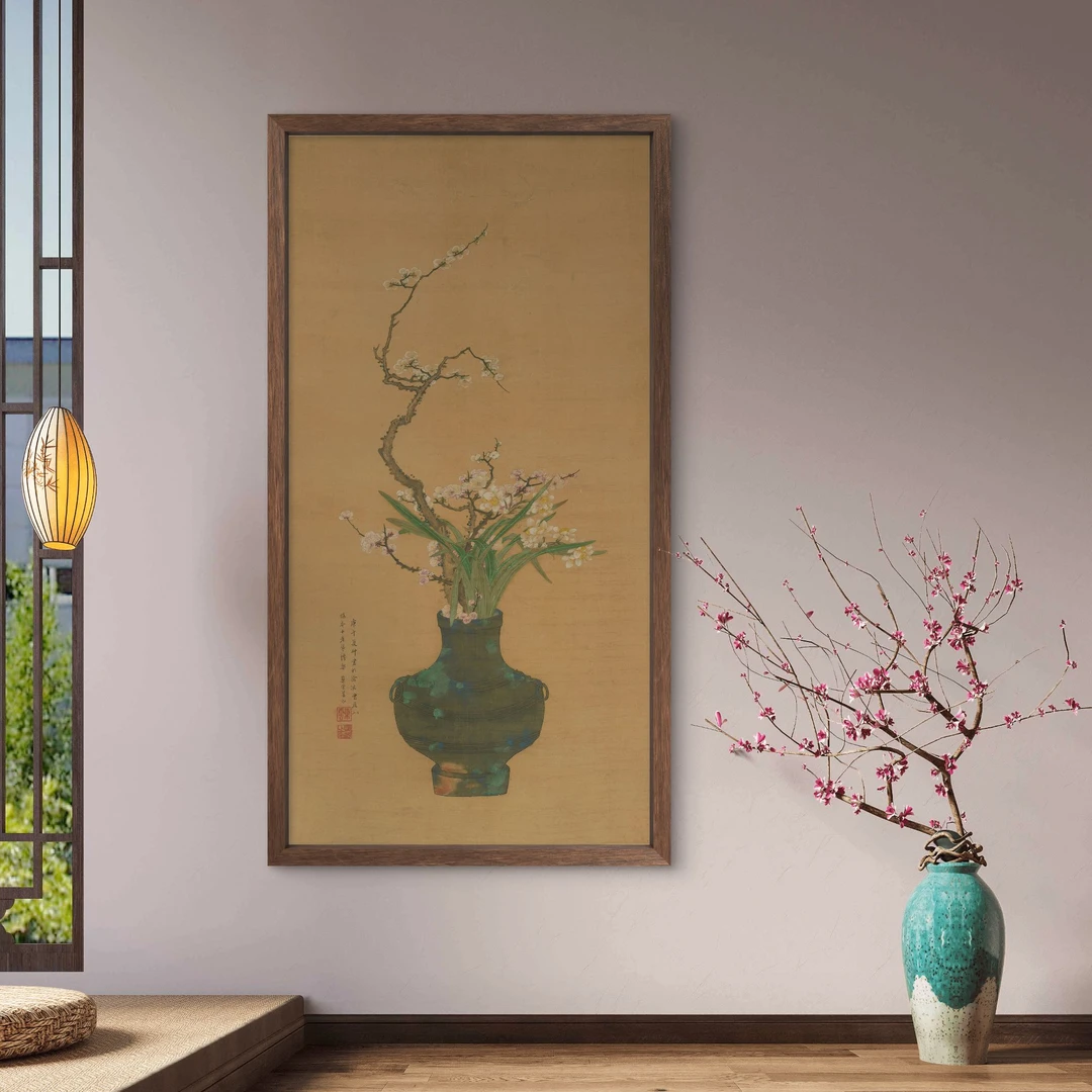 9174-30*55水仙图中式装饰画木框玄关书房茶室客厅挂画