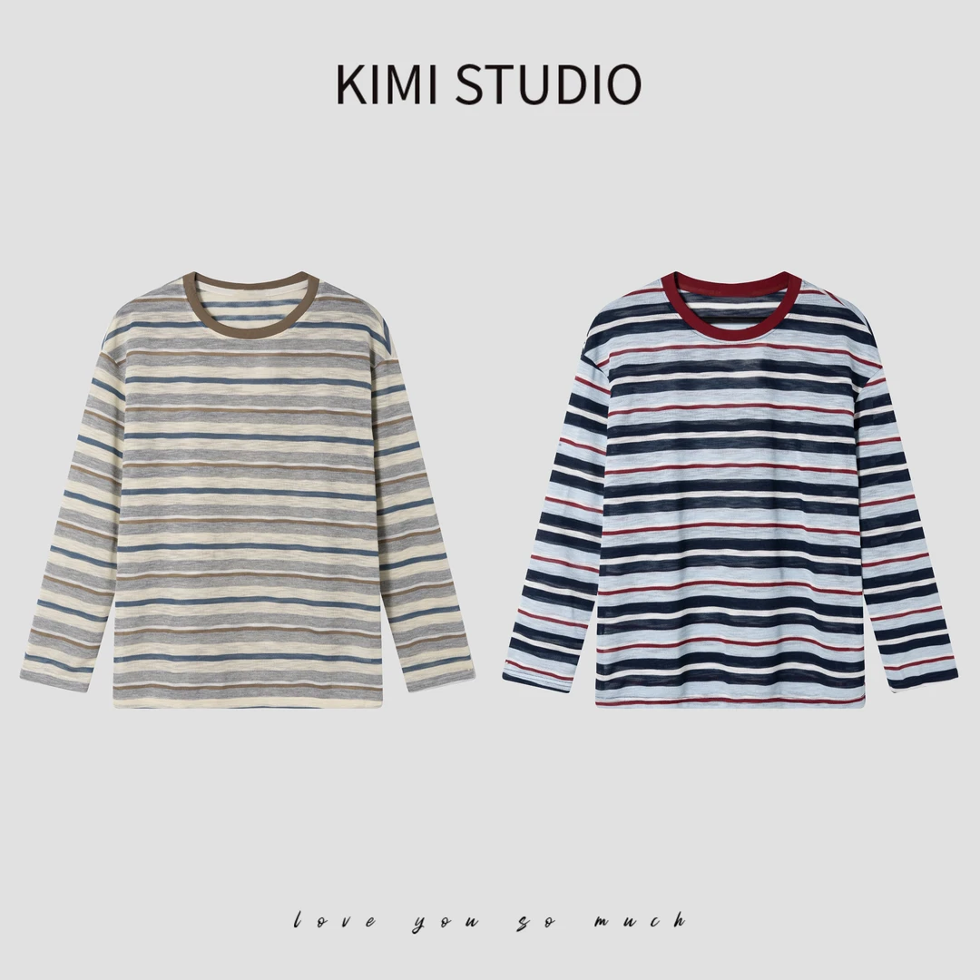 韩系圆领软糯T恤女早秋麻感雪花棉撞色条纹针织长袖上衣AW25247