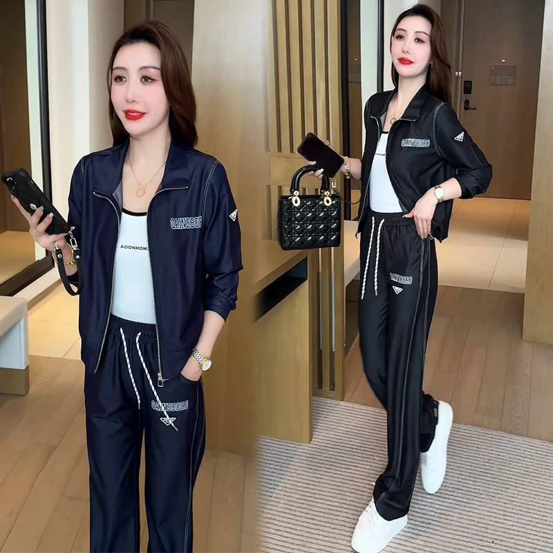 时尚休闲洋气运动套装女2025春季新款宽松显瘦开衫阔腿两件套潮