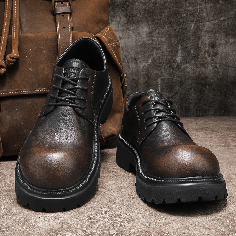 大头男士增高德比鞋秋季耐磨增高低帮工装马丁鞋英伦复古休闲皮鞋