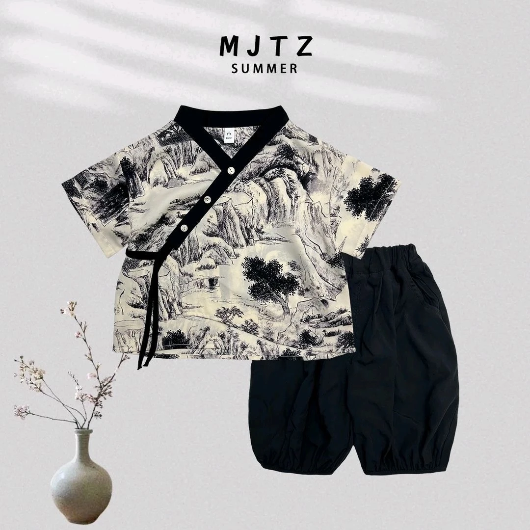 男女童唐装夏季小童汉服短袖长裤两件套装民族风宝宝女童复古风国