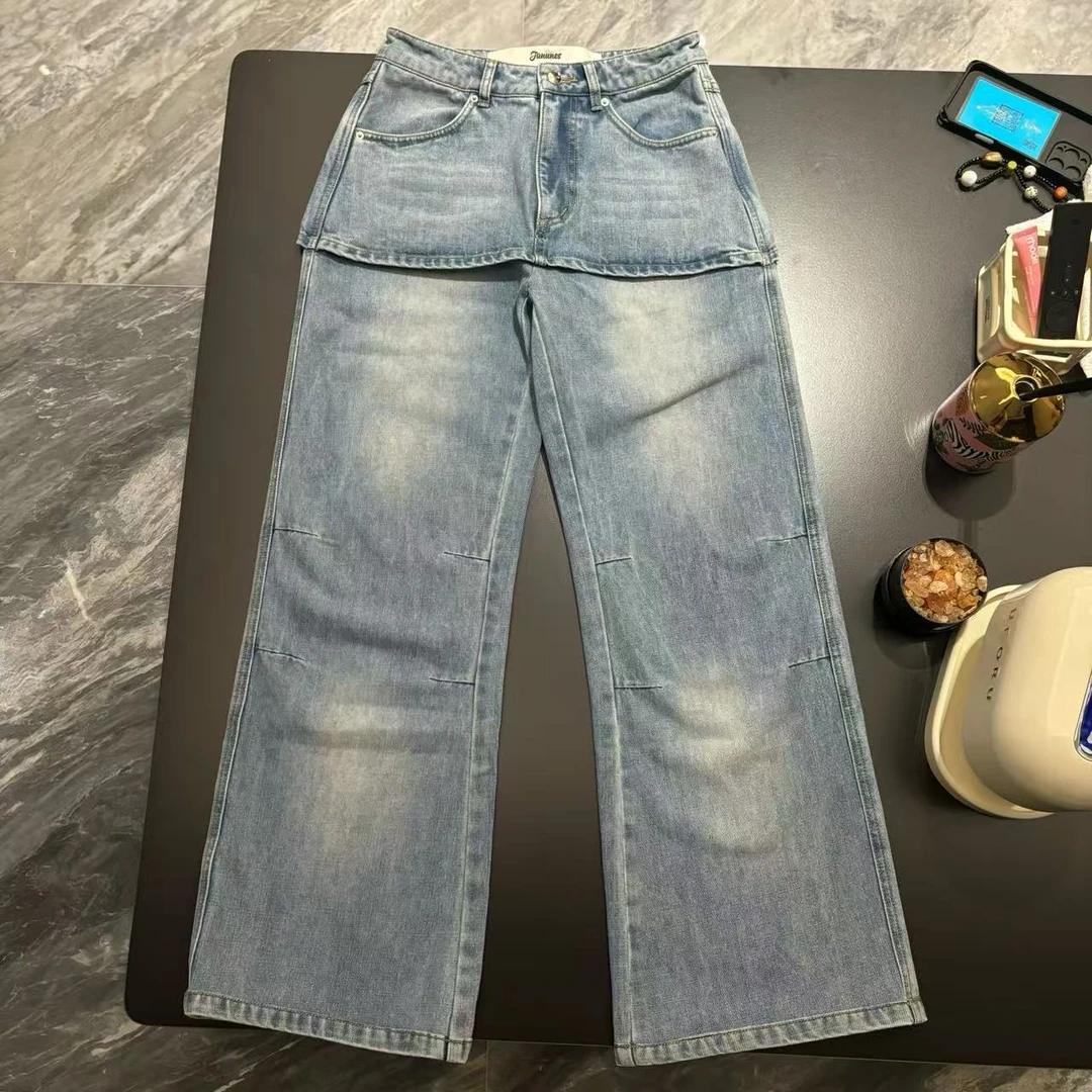 [Janunes Liu]时尚假两件双层拼接牛仔裙裤直筒裤K1719