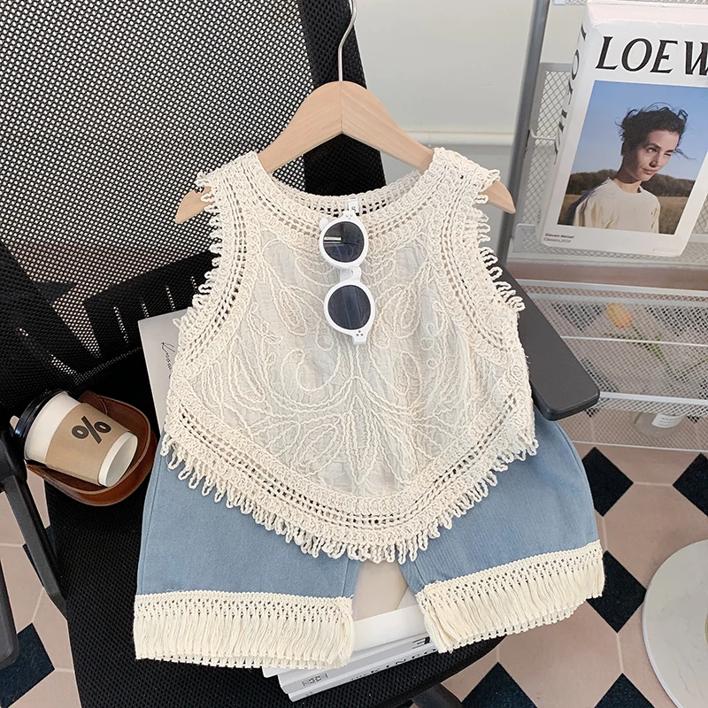 【米家原创】女童夏装套装2025新款洋气无袖上衣牛仔裤两件套薄款