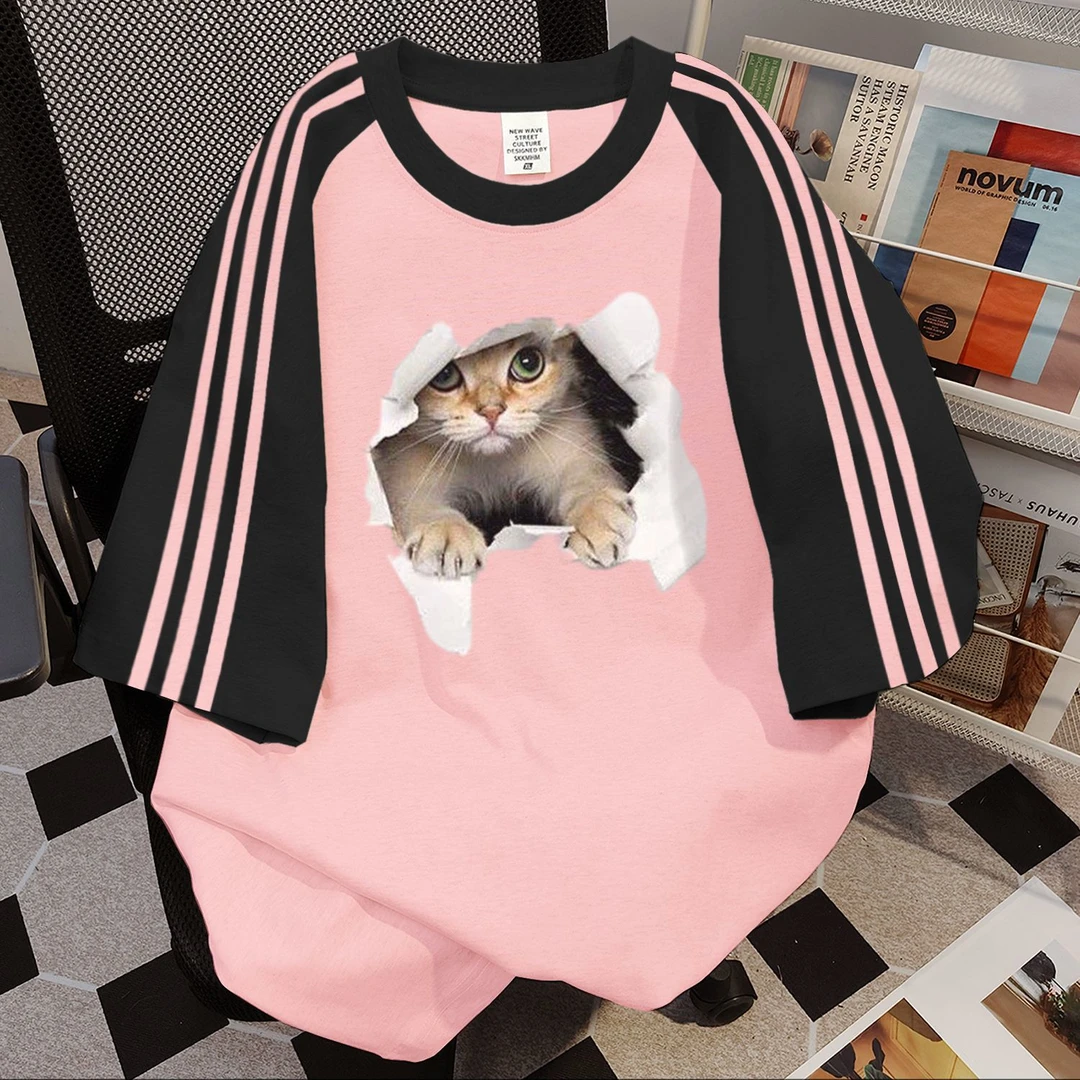 100%纯棉欧美小猫涂鸦印花三条杠短袖t恤女夏季韩系情侣上衣ins潮