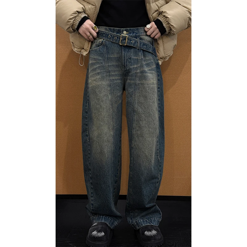 龙叨叨秋季新款潮流美式复古拼接设计腰带宽松弯刀百搭休闲牛仔裤