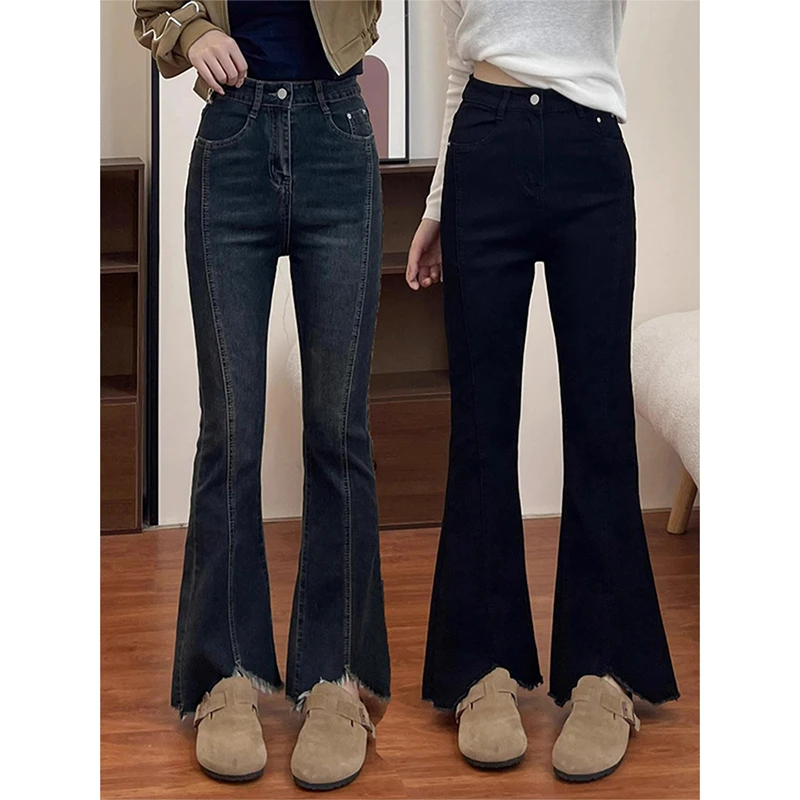 大码微喇叭牛仔裤女2025春季加绒胖mm美式复古弹力马蹄开叉裤子