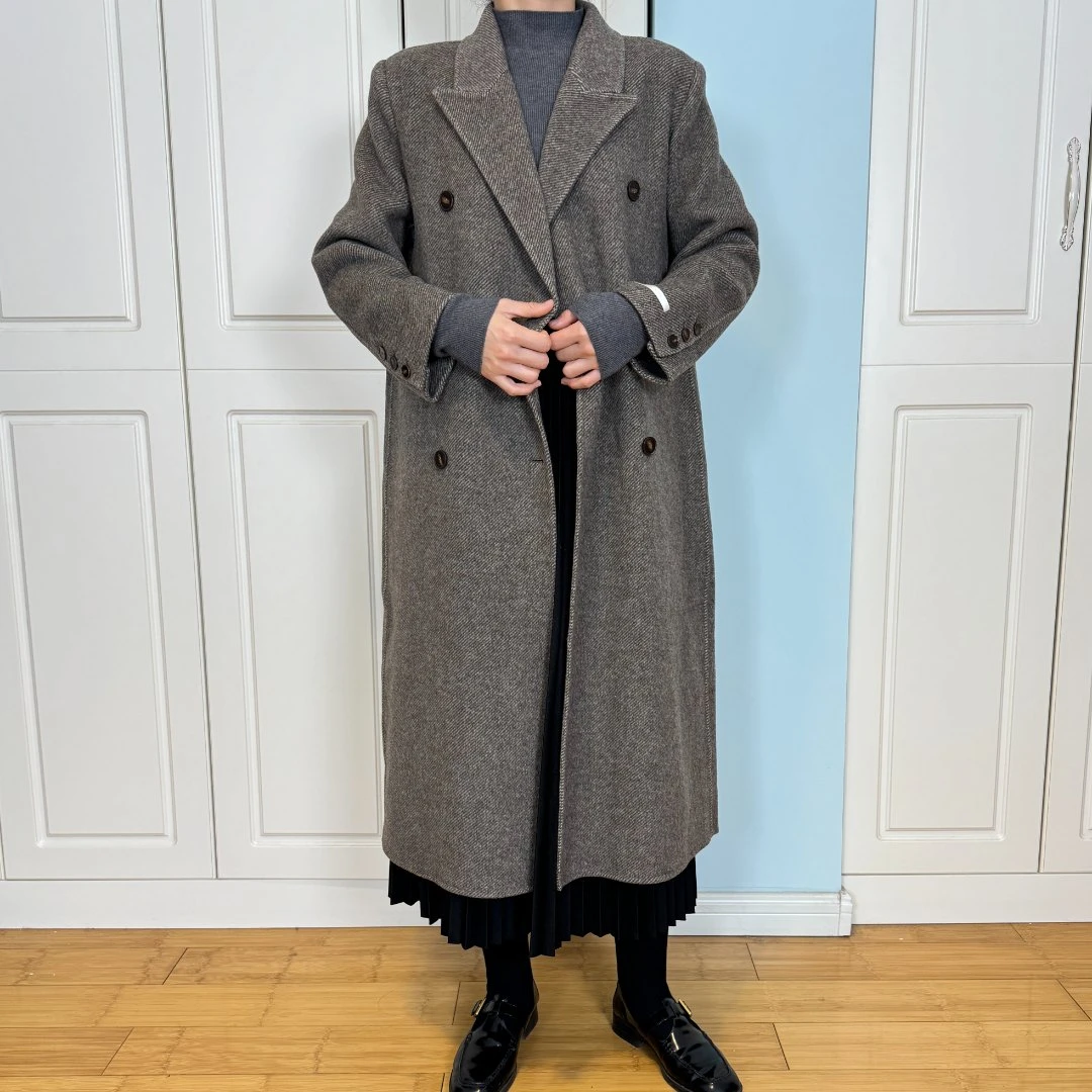 韩单 人工手缝羊毛大衣定制面料人字纹羊驼长款经典西服领073