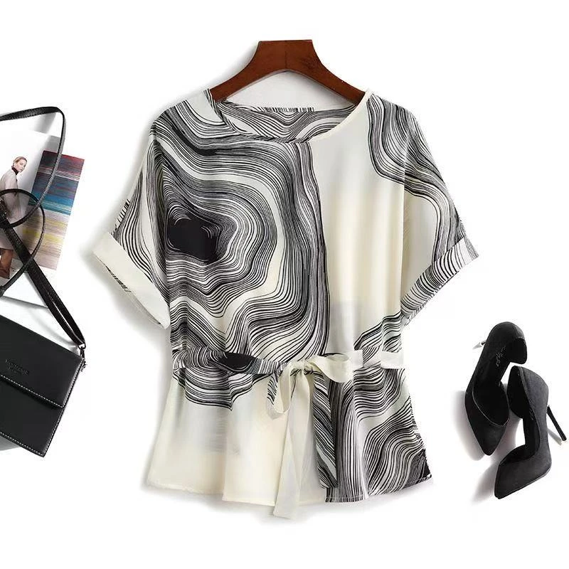 清风拂面!1秒入夏!复古抽象印花系带收腰短袖小衫T恤上衣女
