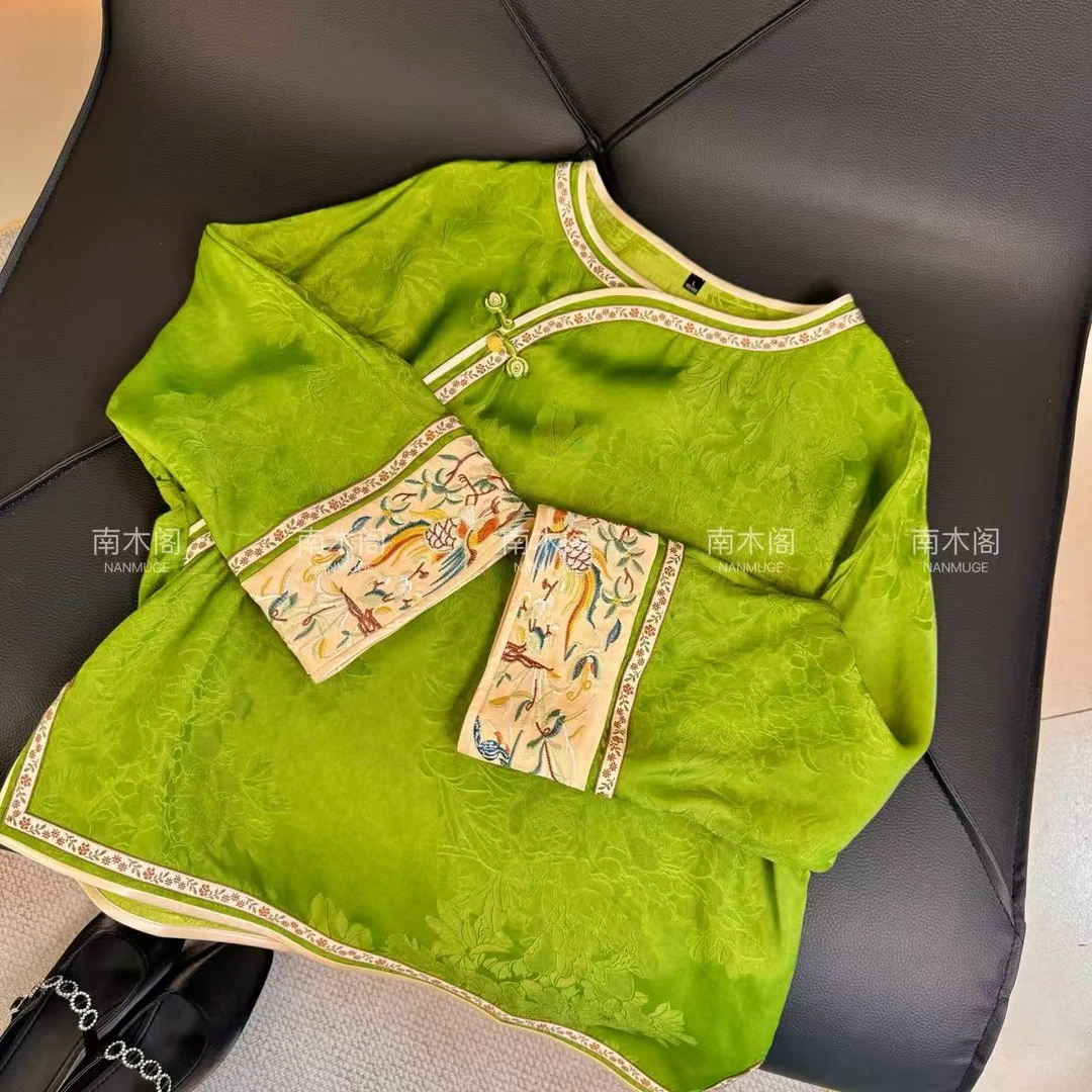 （苹果绿）2025套头时尚休闲印花极简风绿色衬衫长袖圆领拼接上衣