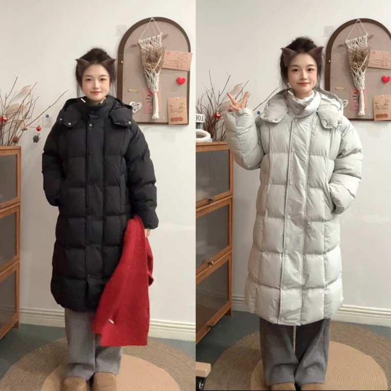 小个子定制冬季保暖小方格连帽长款棉服外套