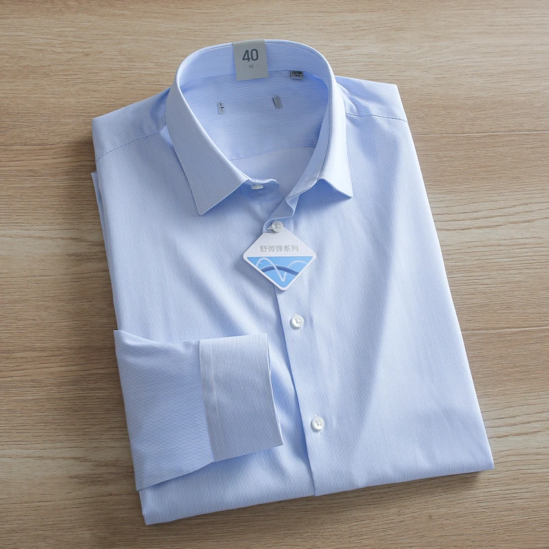 竖条纹肌理一线撤柜男装浅蓝色长袖衬衫男春秋款商务休闲百搭衬衣