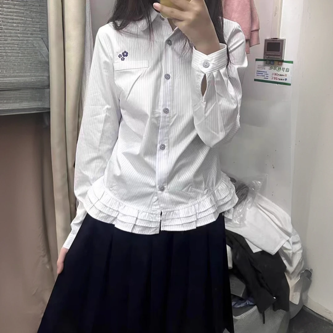 日系荷叶边花朵刺绣小清新长袖衬衫女2025早春设计感洋气减龄上衣