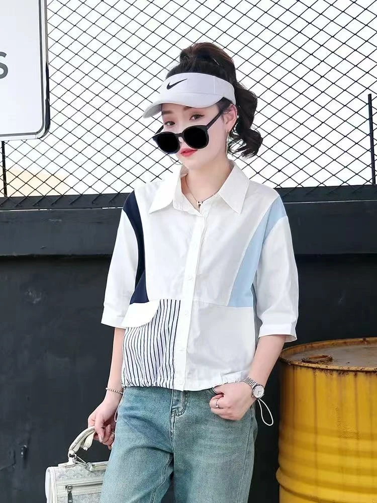 092新款时尚潮流百搭显瘦短袖衬衫上衣女撞色拼接抽绳设计感衬衣