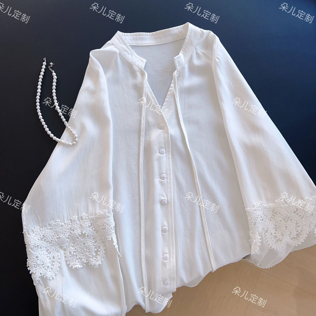 朵儿定制【栀子花】莱赛尔v领蕾丝拼接衬衣IP26