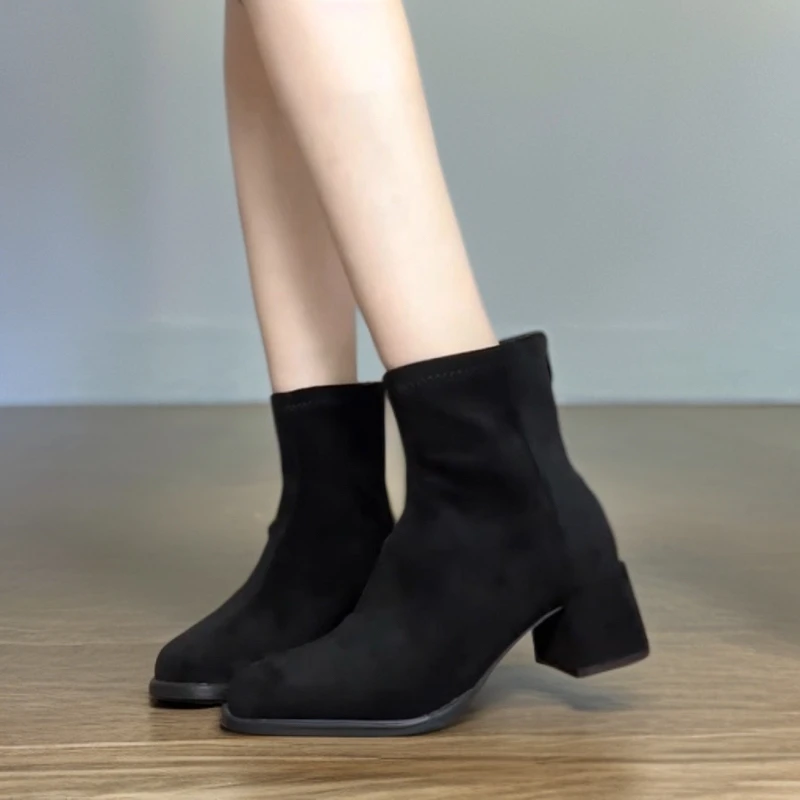中跟方头高跟袜靴秋冬冬季黑色高跟短靴子常规款透气胶粘