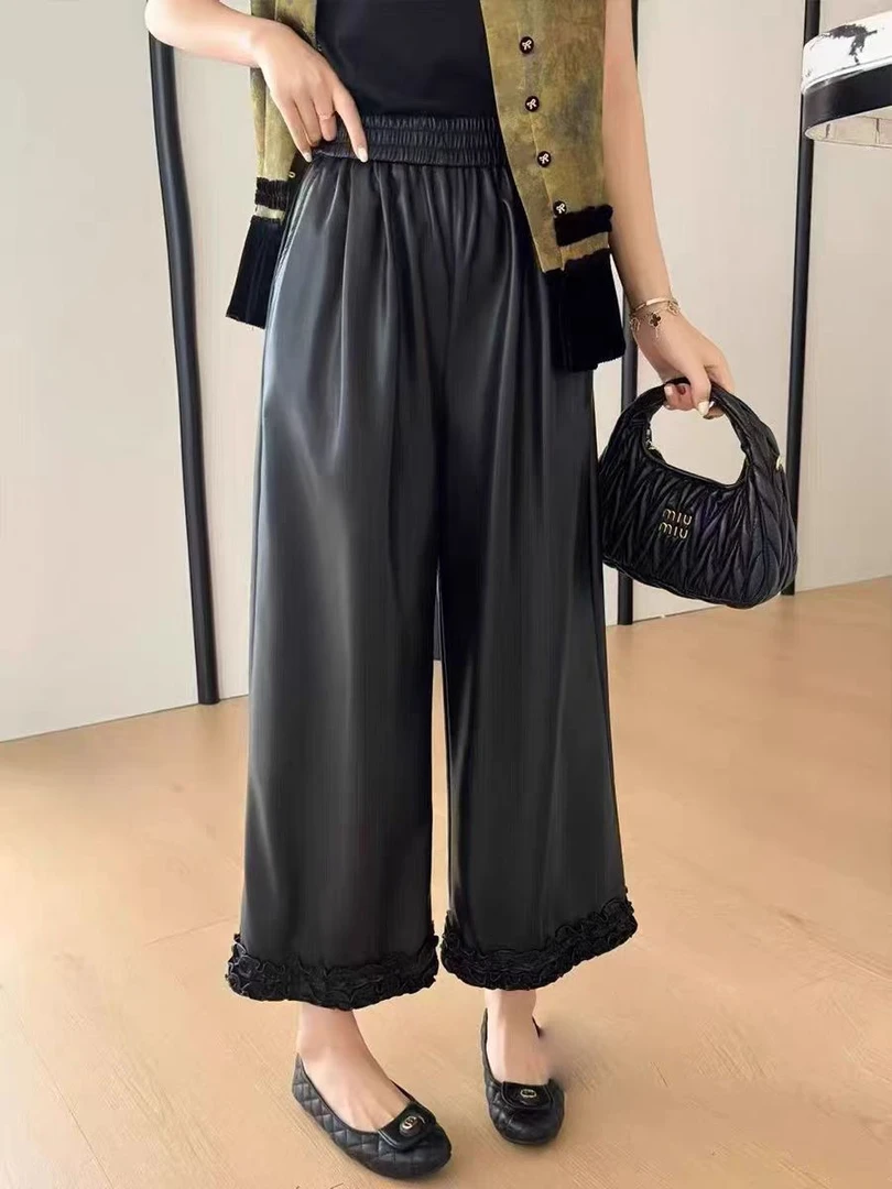 （长约86）秋季时尚百搭气质高腰休闲宽松松紧腰直通九分花边皮裤