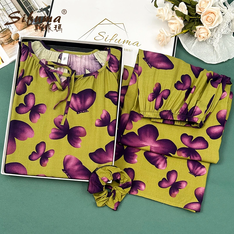 Sifuma/斯服玛《黑兰花》春秋睡衣女款爆款2025新款长袖长裤棉质