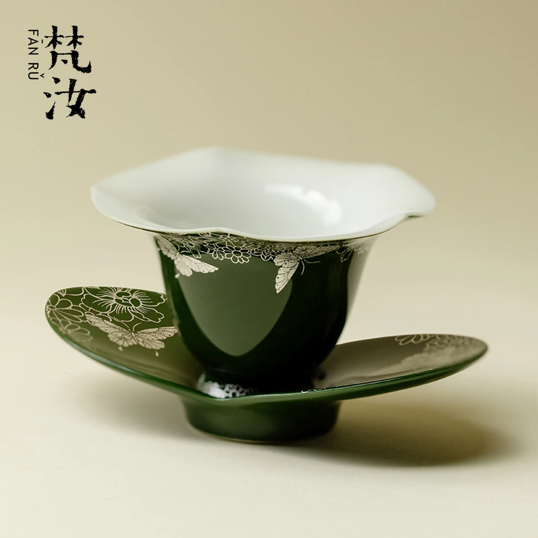 梵汝 手绘错金银彩蝶恋花主人杯垫套杯精致品茗杯高颜值高档茶杯