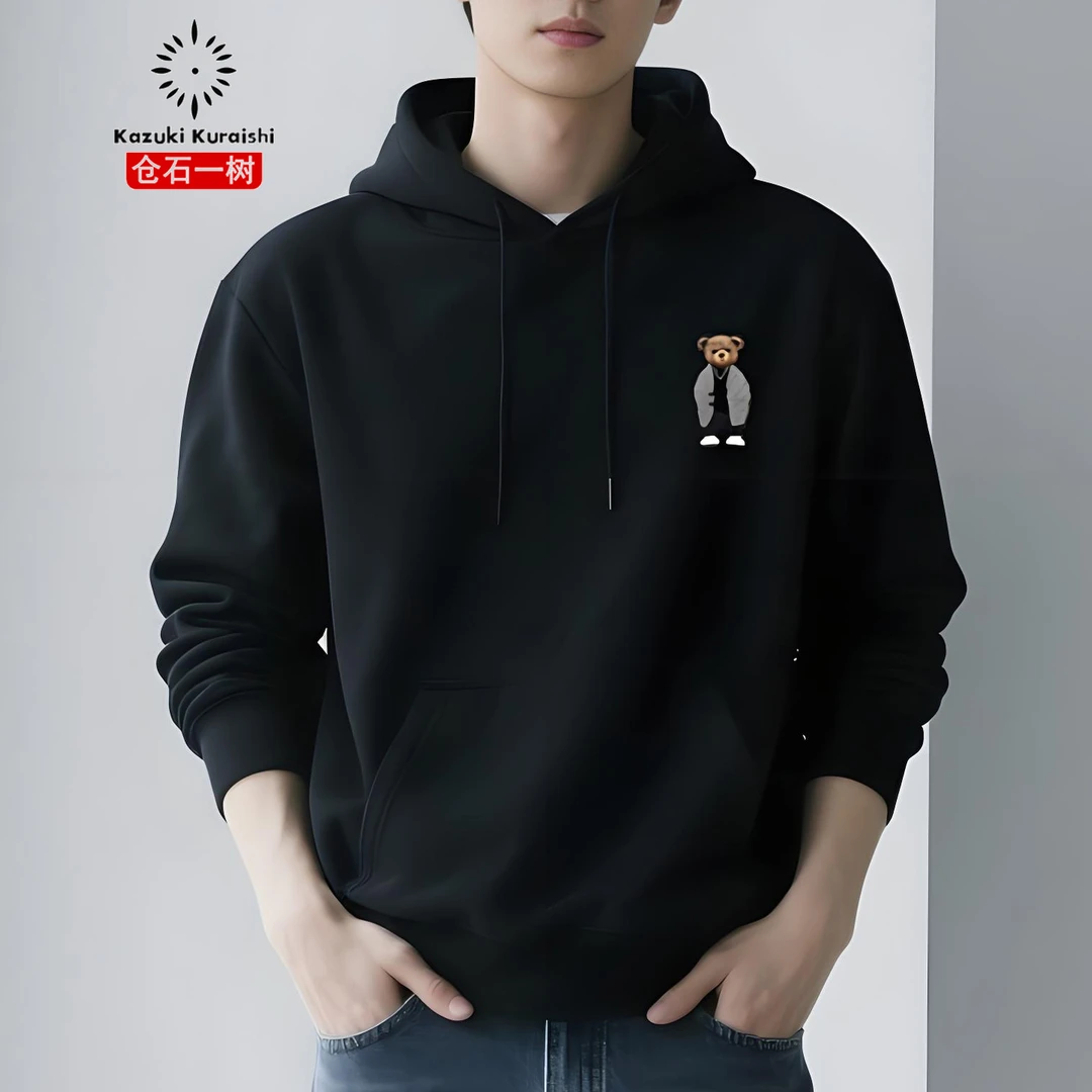 仓石一树潮流小熊印花连帽卫衣男春秋季加绒宽松百搭保暖休闲上衣
