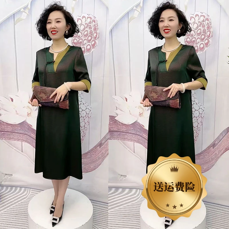H夏季上新桑蚕丝高端中老年妈妈连衣裙国风洋气中长款遮肉大码裙