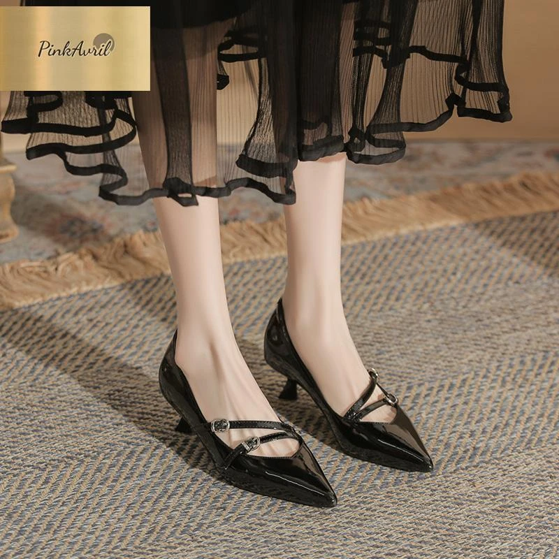 PinkAvril厘米单鞋跟漆皮设计细女鞋气质高跟鞋感新款感4尖头时尚