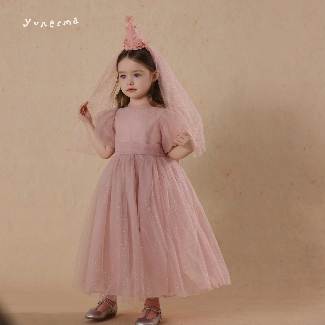 允儿妈夏季蝴蝶结蓬蓬纱连衣裙女童泡泡袖公主裙宝宝六一生日礼服