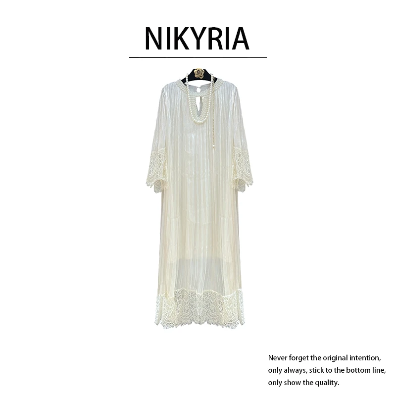 Nikyria【克拉恋人】 蕾丝拼接法式连衣裙百褶优雅重工长裙礼服