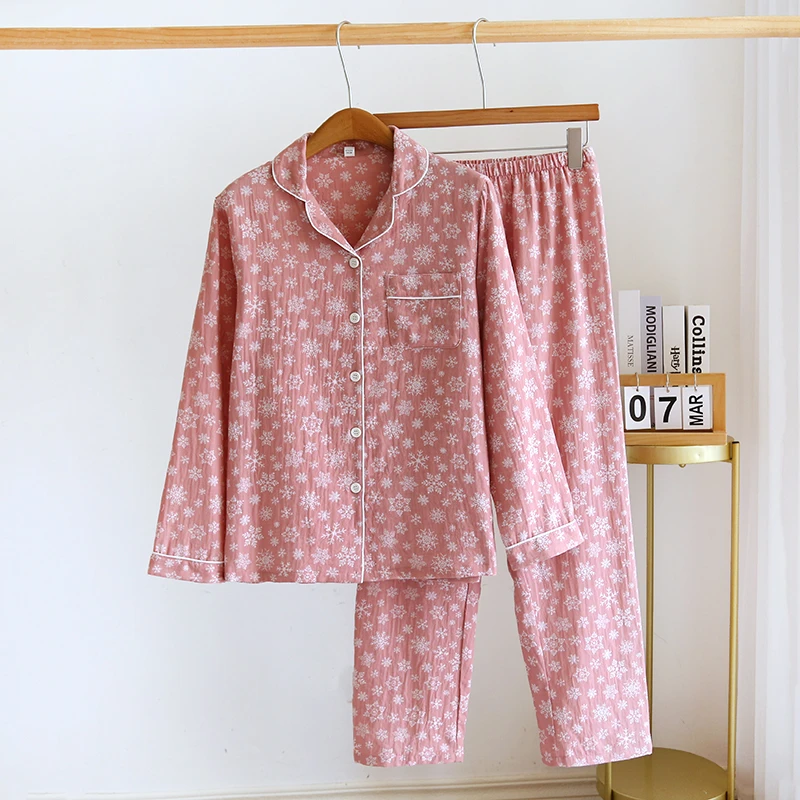 【雪花】A类全棉色织提花双层纱家居服睡衣复古纯棉睡衣女套装