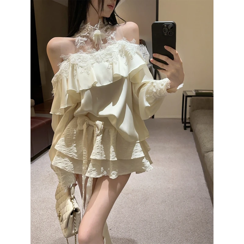 甜美钉珠刺绣网纱拼蕾丝法式气质荷叶边衬衫蛋糕裙女新款秋冬套装